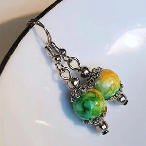 Art Nouveau Mottled Green Yellow Glass Beads Antiqued Silver Earrings